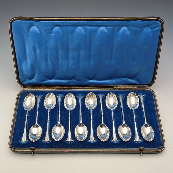 1894年 英国アンティーク 純銀製ティースプーン12本セット 計118g ケース入 Goldsmiths&Silversmiths